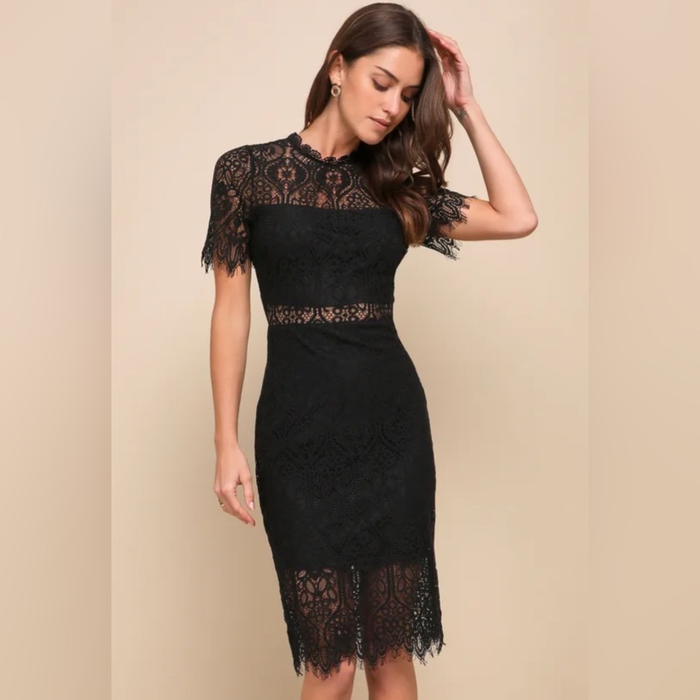 Lulus Remarkable Black Sheer Lace Short Sleeve Mini Dress - Picture 4 of 5